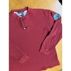 Tommy Jeans Y2K Waffle Knit Henley Shirt Mens L Burgundy Sleeve Patch Logo
